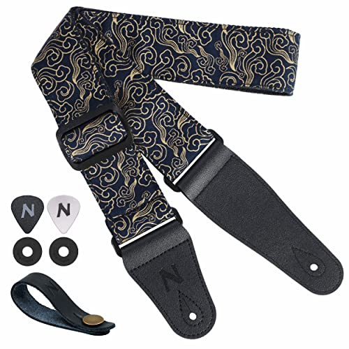 Nefelibata Guitar Strap-2 Wide Double Layer Cotton Original Design Adjustable Guitar Straps with Long Leather Ends for Bass, Electric & Acoustic, Best Gifts for Kids,Guitarists (Cloud)