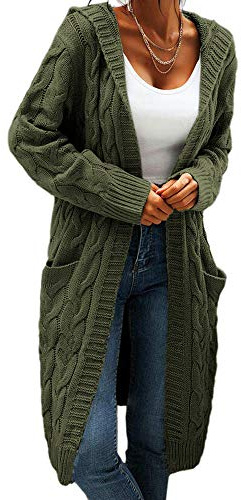Saodimallsu Women's Hoodied Cardigan Long Sleeve Chunky Knit Pullover Open Front Sweater with Pockets for Autumn and Winter Army Green