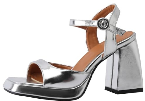 XIEPP Sandalias de verano para mujer, puntera abierta, tacón de bloque y correas individuales, plata, 34 EU