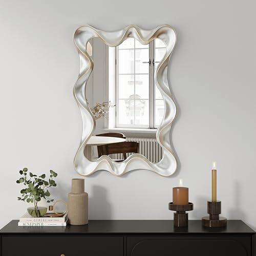SHYFOY Espejo de pared ondulado decorativo – 70 x 4 x 90 cm – Espejo ondulado moderno sin marco con marco de resina pulida en plata para salón, dormitorio o entrada