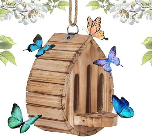 Qkbuza Maison à Papillons et mangeoire en Bois à Suspendre avec mangeoire, Habitat de Papillons Naturel pour Arbre de Nidification décoratif pour et Ailes de Dentelle