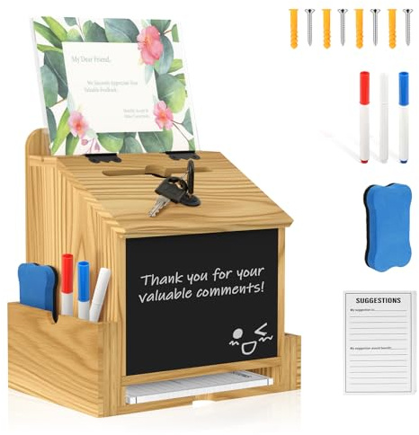 Wooden Suggestion Box with Locking Donation Box for Prayer, Comment, Voting | Ballot, Fundraising, Office Feedback Box With 50 Suggestion Cards, Acrylic Sign Holder and Pens, Wall Mounted or Countertop