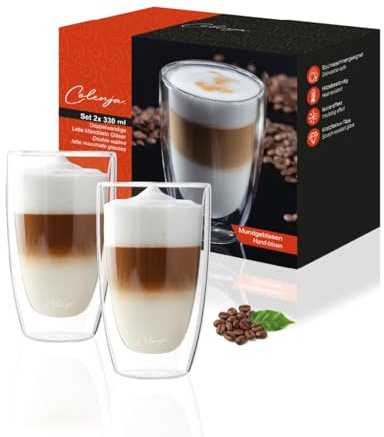 Colenja Bicchieri per latte macchiato a doppia parete, set da 2 pezzi, 330 ml, bicchieri da caffè di alta qualità, vetro antigraffio, vetro borosilicato, lavabili in lavastoviglie, matcha