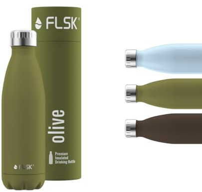 FLSK Trinkflasche – Premium Edelstahl Thermosflasche – 100 % auslaufsicher & kohlensäuregeeignet – hält 24 h kalt & 18 h heiß – BPA-frei (olive, 500 ml)