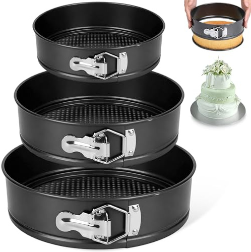 3 Pezzi Teglia per Torte con Fondo Rimovibile, Teglie Forno Rotonda con Rivestimento Antiaderente, Set Tortiera Molla, Stampi Dolci Apribile, Accessori Cottura per Quiche, Cheesecake (20cm/22cm/24cm)