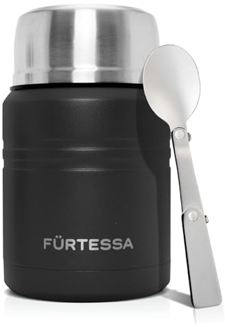 FÜRTESSA Termo de Comida de Acero Inoxidable 0.5L con Cuchara Plegable y Taza Incorporada – Aislante Térmico para 14h Frío/9h Calor – Sin Fugas, Portátil, Ideal para Almuerzos y Viajes (Negro)
