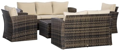 Outsunny Conjunto de Jardín Exterior de Ratán, Conjunto Terraza, Muebles Jardín Exterior 6 Piezas Incluye Cojines, Sofá Doble, Sofá 3 Plazas, 2 Sillones, 2 Mesas Auxiliares con Almacenamiento, Caqui