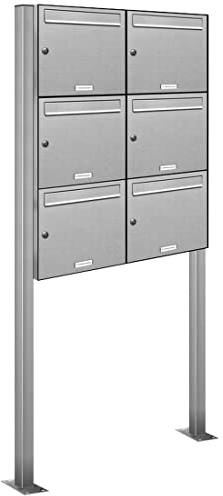 AL Briefkastensysteme 6er Edelstahl Standbriefkasten rostfrei als 6 Fach Briefkastenanlage DIN A4 in Postkasten Briefkasten Design modern