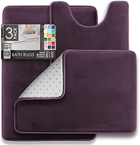 Clara Clark Teppiche Samt Memory Foam rutschfeste Badteppiche Maschinenwäsche, trocknet schnell, ultraweiche Plüsch-Badematten für Badezimmer, Fleece, dunkelviolett, 17 x 24/20 x 32/20 x 24, 3