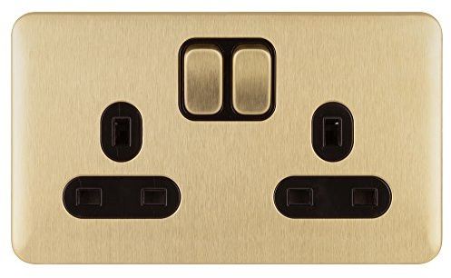 Schneider Electric - Lisse Screwless Deco, Switched Double Power Socket, 13A, Satin Brass with Black Insert, GGBL3020BSB