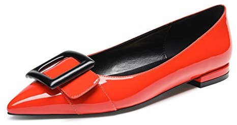 Castamere Women's Low Heels Casual Pointed Toe Slip-On Ballet Flats Shoes Heeled Patent Orange Pumps EU 37