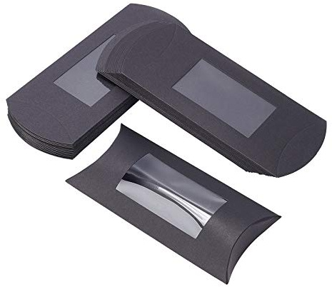 BENECREAT 30PCS Cajas de Papel Kraft Negro en Forma de Almohada 13.5x7.8x2.5cm con Ventana Transparente Caja de Embalaje de Dulces, Caja de Regalo, Cumpleaños