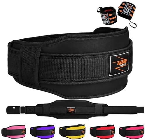 EVO Fitness Weight Lifting Belt 5.5” Neoprene Padded Back Lumbar Support Home Gym Training Exercise Workout Bodybuilding Powerlifting Deadlifts Squats with 18 Wrist Wrap (Black, Large)