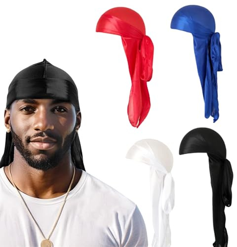 Gorras Durag Sedosas Sedoso Durag Transpirable Durag Ligero Transpirable para Fiestas, Reuniones Familiares, Salones de Baile u Otras Actividades al Aire Libre, 4 Piezas (Rojo+Negro+Blanco+Azul)