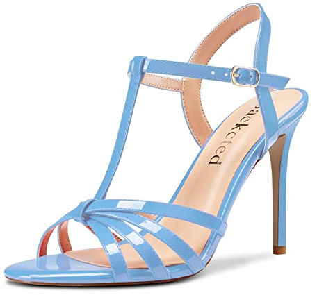 Saekcted Femmes Aiguille Haut High Talon Heel Ouvert Bout Lanières Cheville Slingback Sandales Mariage Dress Chaussures 10 CM Heels Bleu Clair 39 EU