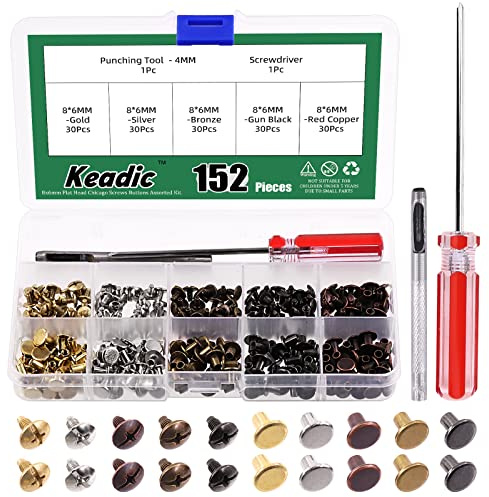 Keadic 302Pcs 5 Colors Metal Chicago Binding Screws Rivets Assortment Kit with Setting Tool, 8 * 6MM Round Flat Head Slotted Screws Posts Buttons Nail Rivets Studs for Leather Albums Scrapbook