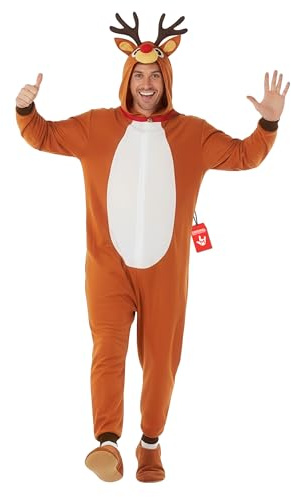 Morph Rensdyrskostym Vuxna - Brun Jumpsuit med Huva, Mjuka Horn, Röd Näsdetalj & Matchande Hovformade Skoöverdrag, L