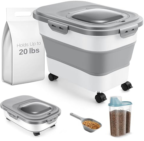 ANVS Airtight Collapsible Pet Food Container With Casters, Scoop and Small Container - Keeps Up To 20lbs Dry Dog Food Fresh (Grey)