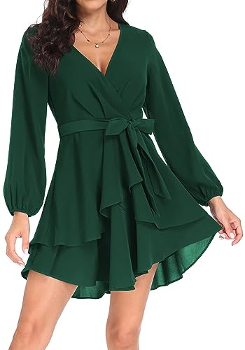 PCEAIIH Women's Cocktail Dresses Long Sleeve Empire Skater Dress Deep V-Neck Waist Tie Ruffle Mini Swing Dresses XL Dark Green