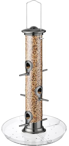 iBorn Vogelfutterspender,Futterstation für Knödelmit 6 Anflugplätzen,20 cm Futterteller,Vogelfutterhaus aus Aluminium Metall zum Aufhängen,Wildvögel Futtersäule,Futtersilo,Schwarz-Höhe 38 cm