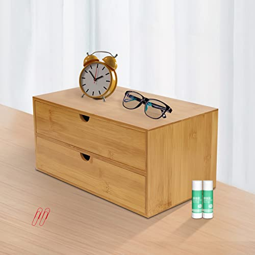 DSYOGX Mini boîte de rangement à 2 tiroirs avec tiroirs en bois de bambou pour timbres, notes, trombones, ciseaux, billets