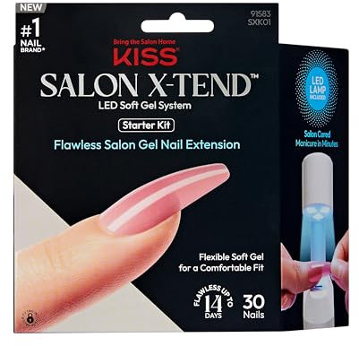 KISS Salon X-tend, Press-On Nails, Nail glue included, Tone', Medium Pink, Long Size, Coffin Shape, Includes 30 Nails, 5Ml Led Soft Gel Adhesive, 1 Led Lamp, 1 Prep Pad, 1 Manicure Stick, 1 Mini File