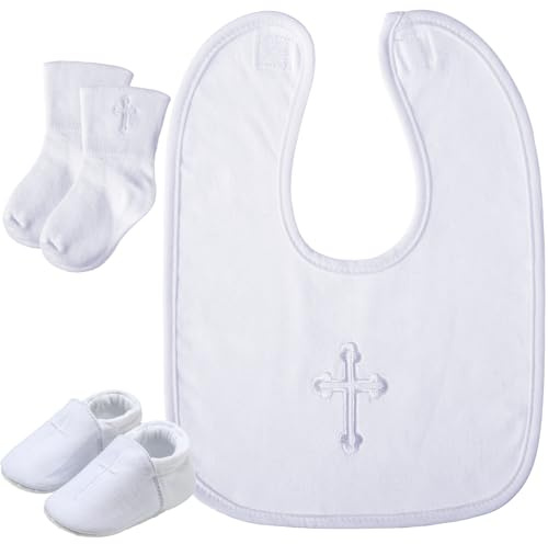 5 Pcs Baptism Gifts for Boys Girls Including White Embroidered Cross Bib Christening Shoes and Socks for Baby Infant Toddler First Communion Outfit (0-6 Month)