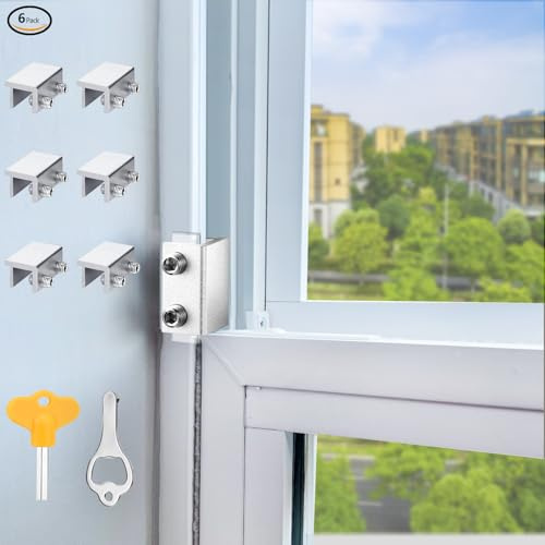 AUSWAUR Window Locks, 6 Sets Window Locks Security with Key, Adjustable Aluminum Sliding Window Security Safety Locks Child Proof Security Lock Stoppers for Vertical & Horizontal Sliding Window