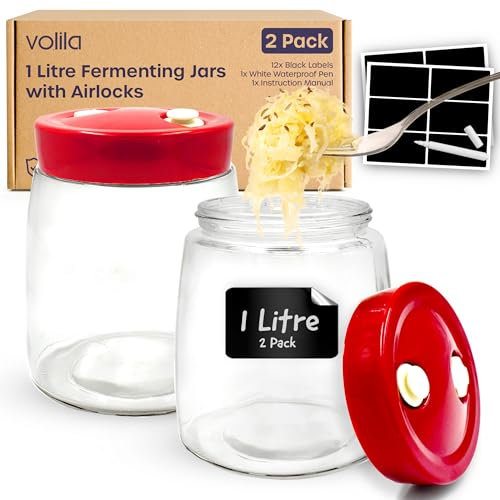1 l Gärglas mit Entlüftungsventil mit 1-Wege-Entlüftung – 2 Stück Gärglas für Kefir, Kimchi, Sauerkraut, Kombucha- und Sauerteigstarter