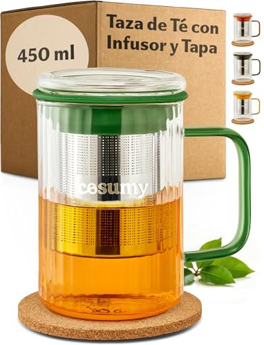 Cosumy Taza para Infusiones con Tapa y Filtro, 450ml - Vaso de Té de Vidrio Borosilicato con Asas de Colores y Posavasos de Corcho (Verde)