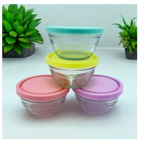 vienberg 4 Stück kleine Glasschalen mit BPA-freiem Deckel | 100% Blei-Frei Glas Aufbewahrungs-Schale, Glasschüssel Glas Schale Bunt | Spülmaschinenfest, 250ml, Vorratsdosen mit Deckeln Glas Dipschale