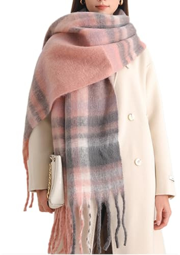 OUNIYA Bufanda grande y gruesa a cuadros, colorida, de gran tamaño, suave, lana de cachemira, gruesa, cálida para invierno, para mujer, Tartán rosa, Large