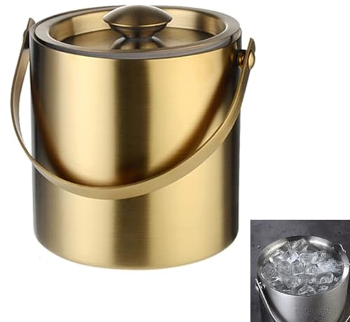 Yoeoefuo Ice Cube Tray 2l / 3l Eiskübel Mit Deckel Ice Bucket Edelstahl Eiswürfelbehälter Doppelwandig Lsoliert Eisbehälter Tragbar Multifunktional Partykühler Eisfass Grillparty Zubehör(Gold,3L)