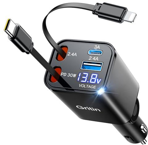 Gritin Retráctil Cargador Coche, 69W PD 3.0 Adaptador Cargador Mechero Rápido, 4 en 1 Car Charger con 80cm Retráctil Cable y 2 Puertos USB Compatible iPhone 16/15/14/13/12/11/iPad/Galaxy/Android