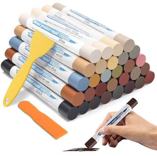 30+2P Wood Filler Sticks, Windspeed 20 Colos Wood Filler Putty Wax Crayons Furniture Repair Kit Putty Stick for Baseboard Cabinets Furniture Floors(with 2 Scrapers)