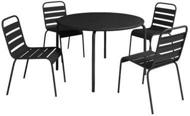 Vente-unique-Garten-Essgruppe: Tisch D. 110 cm + 4 stapelbare Stühle - Metall - Schwarz - MIRMANDE von MYLIA