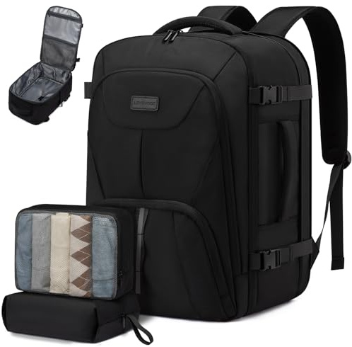 LOVEVOOK Rucksack Handgepäck 40L, Groß Erweiterbares Reiserucksack Flugzeug Herren Travel Backpack Rucksack für 17 Zoll Laptop Kofferrucksack Cabin Bag für Reise Weekender, Schwarz