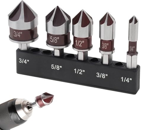 5 Piezas Avellanador Madera Set, Avellanador de 82°, Acero para Rodamientos, Vástago Hexagonal de 1/4 Pulg, Filo de Corte de 5 Hojas, para Taladrar Cobre, Aluminio, Madera, Plásticos (Rojo, plata)