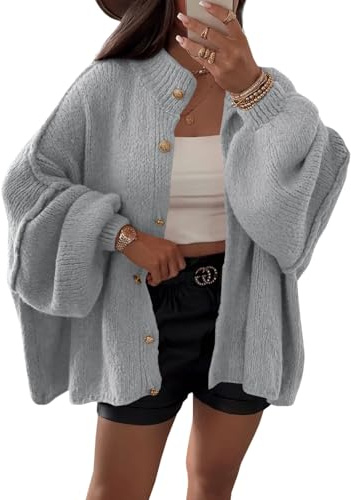 Saodimallsu Cardigan d'hiver court à manches lanternes pour femme | boutonnière, pull ouvert sur le devant, manches longues, ample, manteau tricoté, automne, veste