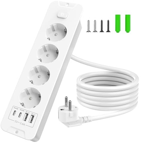 Inhwatek Inbyggt grenuttag, 4 uttag med strömbrytare och USB (PD 20W), 2 m grenuttag, bordsuttag för kök och kontor, avledare och överspänning, vit