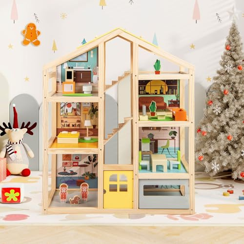 GOPLUS Puppenhaus Holz, Puppen-Villa Spielset mit 7 Räumen, 18 Möbelstücken, 2 Figuren & 1 Haustierhund, Traumvilla mit realistische Möbel, 4-stöckiges Spielzeughaus für Mädchen und Jungen ab 3 Jahren