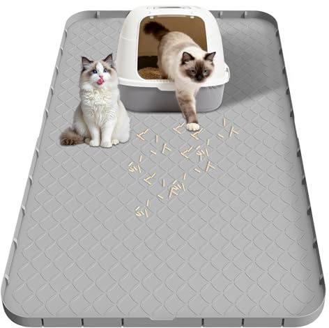Tapis de Litière en Silicone, 88 x 56cm Tapis Sortie de Litiere Chat Antidérapant et Imperméable, Convient aux Bacs à Litière pour Chats, Gris