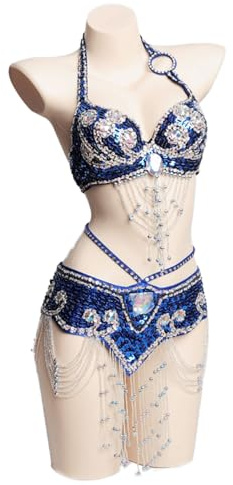 1. Tribal Belly Dance BH & bältesset för kvinnor, 2 st professionell magdräkt i strass, för fester och karnevaler, magdansande kläder, magdanskostymer, tribal magdans BH och bälte, sapp hire, XL