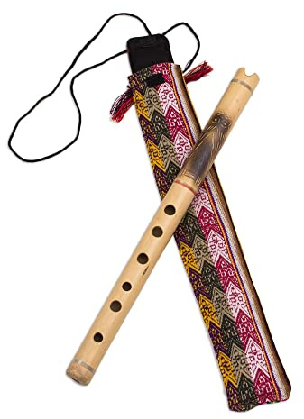 NOVICA Bamboo Andean Quena Flute with Owl and Textile Carrying Case, 'Night Owl'