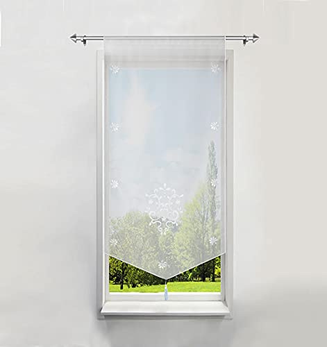 BAILEY JO Rideau Voilage Brise-bise en Polyester Broderie Fleurs Blanc LxH/40x90CM avec Pompon Rideaux Courts Décoration de Fenêtre Chambre/Salle de Bain/Café/Cuisine
