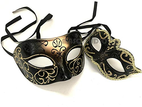 MasqStudio Couples Masquerade Ball Mask Cosplay Mardi Gras Prom Dance Birthday Dad Daughters Party Wear or Cake Topper (Black Gold)