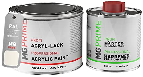 RAL 9010 Blanc pur/Pure white Peinture acrylique brillante Pot de 0,75 litre / 750 ml, y compris le durcisseur