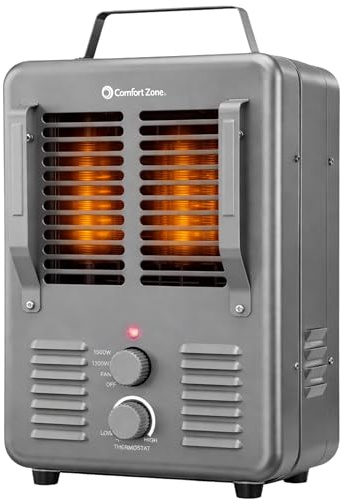 Comfort Zone Milkhouse Style Utility Space Heater with Adjustable Thermostat, Electric, Portable, 3-Prong Plug, Overheat Protection, & Tip-Over Switch, Ideal for Garage or Workshop, 1,500W, CZ798GR3