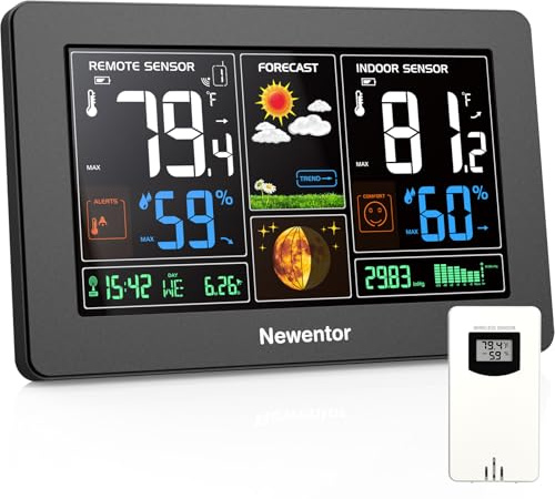 Newentor Weather Station Wireless Indoor Outdoor Thermometer, Color Display Digital Weather Thermometer with Atomic Clock, Barometric Pressure, Forecast Station with Adjustable Backlight, Black
