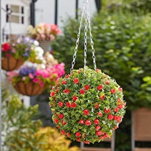 Garden Mile Large 30cm Artificial Topiary Ball with Red Roses Hanging Faux Plant UV Resistant Weatherproof Decorative Hanging Ball for Outdoor Garden Patio Porch Balcony Home Décor